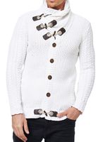 Gilet cardigan pour homme en grosse maille, col montant et fermeture à brandebourg, blanc, référence 13418