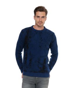 Suéter de cuello redondo para hombre atemporal en diseño bicolor, suéter de punto fino 13433 Sax Blue