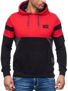Sweat à capuche pour homme, style sportif, colorblock, avec poche kangourou, référence 19041, rouge.