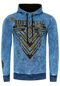 Sweat à capuche pour homme au design original, en denim délavé à l'huile avec imprimé graphique, référence 19126 Sax-Blue.