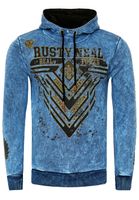 Sweat à capuche pour homme au design original, en denim délavé à l'huile avec imprimé graphique, référence 19126 Sax-Blue.