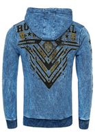 Sweat à capuche pour homme au design original, en denim délavé à l'huile avec imprimé graphique, référence 19126 Sax-Blue.