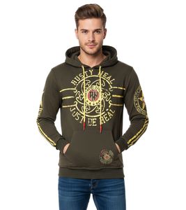 Casual men's hooded sweatshirt with logo print and kangaroo pocket, 19127 Khaki
