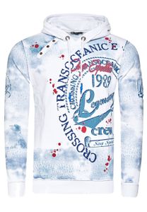 Pull à capuche exclusif pour homme, en denim délavé à l'huile, avec patte de boutonnage et imprimé marin 19128 blanc