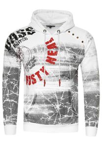 Moderner Herren Kapuzen-Pullover Oil-Washed Hoodie mit dekorativer Knopfleiste Sweatshirt 19129 Weiß