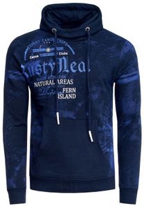 Felpa sportiva da uomo con cappuccio, stampe vintage e tasca a marsupio, blu navy, 19135