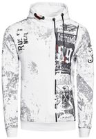Casual men's hoodie with biker prints and vintage wash, hooded pullover sweatshirt 19137 white