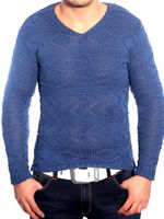 Pull en maille moderne pour homme, col V, coupe ajustée, maille texturée 3172 Bleu