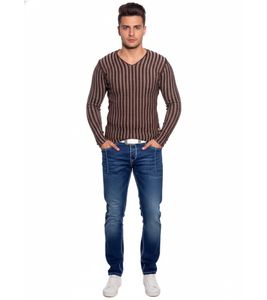 Pull homme moderne en maille rayée, coupe ajustée, col V, marron 3174