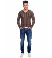 Pull homme moderne en maille rayée, coupe ajustée, col V, marron 3174
