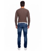 Pull homme moderne en maille rayée, coupe ajustée, col V, marron 3174