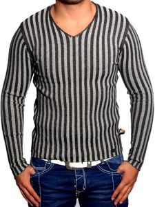 Pull homme moderne en maille rayée, coupe ajustée, col V, gris 3174