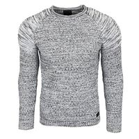 Suéter de cuello redondo de punto fino para hombre urbano, ropa de calle de punto estilo motero, 6240, negro/blanco
