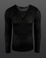 Men's solid color crew neck sweater in a holey chunky knit, sweater 6250, black