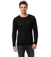 Men's solid color crew neck sweater in a holey chunky knit, sweater 6250, black