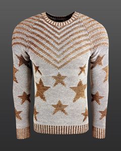 Pull homme tendance à col rond, motif « USA Stars & Stripes », en maille beige 6263