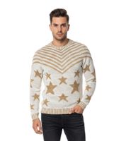 Pull homme tendance à col rond, motif « USA Stars & Stripes », en maille beige 6263