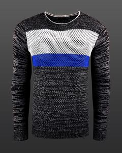 Pull homme moderne en maille colorblock, coupe ajustée, col rond 6272 anthracite/gris/bleu