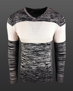 Pull homme moderne en maille colorblock, coupe ajustée, col V, 6285, noir et blanc