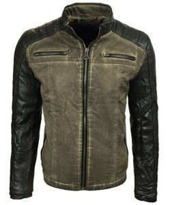 Elegante chaqueta de motorista para hombre, aspecto lavado, mangas de piel sintética, corte entallado, chaqueta de transición, color caqui 8834