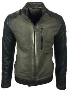 Chaqueta biker urbana para hombre, look lavado con mangas de piel sintética, corte entallado, chaqueta de transición 8835 Caqui