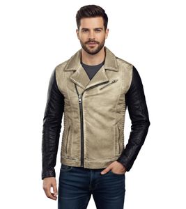 Giacca da motociclista casual da uomo, modello lavato con maniche in similpelle, giacca di transizione slim fit 8837 Beige