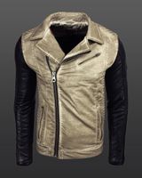 Giacca da motociclista casual da uomo, modello lavato con maniche in similpelle, giacca di transizione slim fit 8837 Beige