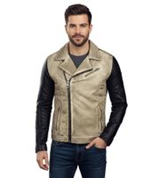 Giacca da motociclista casual da uomo, modello lavato con maniche in similpelle, giacca di transizione slim fit 8837 Beige