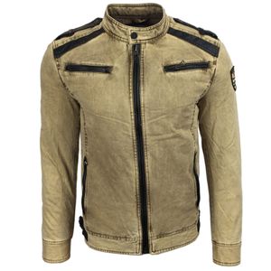 Markante Herren Biker-Jacke Washed Look mit Kunstleder Details Slim Fit Übergangs-Jacke 8838 Beige