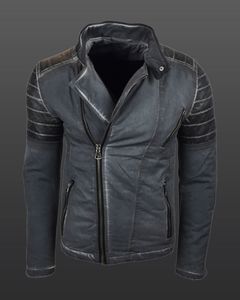 Giacca biker da uomo alla moda, look lavato con maniche in similpelle, giacca di transizione slim fit 8840 antracite