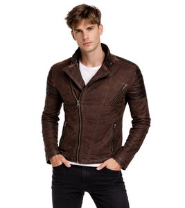 Giacca biker da uomo alla moda, effetto lavato con maniche in similpelle, giacca di transizione slim fit, 8840 marrone