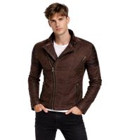 Giacca biker da uomo alla moda, effetto lavato con maniche in similpelle, giacca di transizione slim fit, 8840 marrone