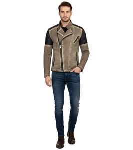Giacca biker da uomo alla moda, look lavato con maniche in similpelle, giacca di transizione slim fit 8840 Camel