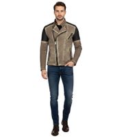 Giacca biker da uomo alla moda, look lavato con maniche in similpelle, giacca di transizione slim fit 8840 Camel