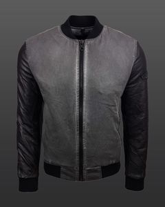 Giacca sportiva da uomo in stile college, effetto lavato con maniche in similpelle, vestibilità slim, giacca da mezza stagione 8842 antracite