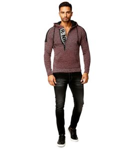 Moderner Herren Strick-Pullover Kapuzen-Sweater Grobstrick-Hoodie Strick-Jacke 13290 Grau/Rot