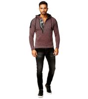 Moderner Herren Strick-Pullover Kapuzen-Sweater Grobstrick-Hoodie Strick-Jacke 13290 Grau/Rot
