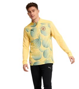 Official PUMA Manchester City Men's Pre-Match Jersey 1/4 Zip Top Sustainable Premier League Football Shirt 701231065 004 Yellow/Blue