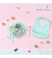 Non-slip Brunoko Silicone Baby Plate 3-in-1 Baby Plate Set + Baby Spoon + Bib with Silicone Drip Tray, BPA-free, Mint Green