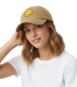 Gorra de béisbol clásica ZWILLINGSHERZ Smiley con parche de carita sonriente, de algodón, visera ajustable, 4603M K258209 color caqui