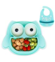 Non-slip Brunoko Silicone Baby Plate 2-in-1 Baby Plate Set with Bib and Silicone Drip Tray, BPA-free, Mint Green
