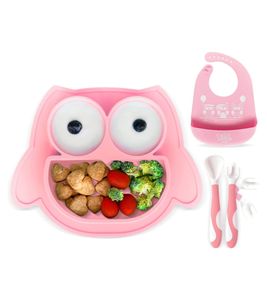 Non-slip Brunoko Silicone Baby Plate 3-in-1 Baby Plate Set + Baby Spoon + Bib with Silicone Catch Tray, BPA-free, Pink