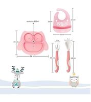 Non-slip Brunoko Silicone Baby Plate 3-in-1 Baby Plate Set + Baby Spoon + Bib with Silicone Catch Tray, BPA-free, Pink