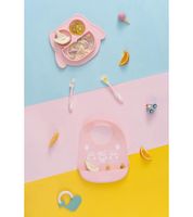 Non-slip Brunoko Silicone Baby Plate 3-in-1 Baby Plate Set + Baby Spoon + Bib with Silicone Catch Tray, BPA-free, Pink