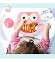 Non-slip Brunoko Silicone Baby Plate 3-in-1 Baby Plate Set + Baby Spoon + Bib with Silicone Catch Tray, BPA-free, Pink
