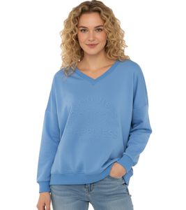 bequemer ZWILLINGSHERZ Pullover Damen Sweat-Pullover GOOD VIBES HAPPINESS mit V-Ausschnitt 46080-87 Blau