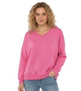 Comoda felpa da donna ZWILLINGSHERZ "GOOD VIBES HAPPINESS" con scollo a V, modello 46080-4, rosa neon