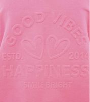 Sudadera cómoda para mujer ZWILLINGSHERZ "GOOD VIBES HAPPINESS" con cuello en V, color rosa neón (modelo 46080-4)