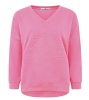 Sudadera cómoda para mujer ZWILLINGSHERZ "GOOD VIBES HAPPINESS" con cuello en V, color rosa neón (modelo 46080-4)