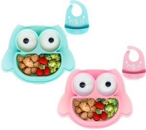 Non-slip Brunoko Silicone Baby Plate 2-in-1 Baby Plate Set with Bib and Catch Tray, BPA-free, Pink or Mint Green